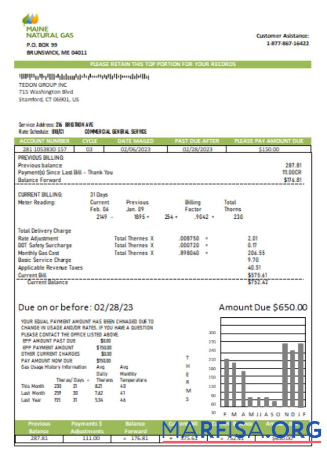 Downloadable Maine Natural Gas Portland utility business bill, SCR sample